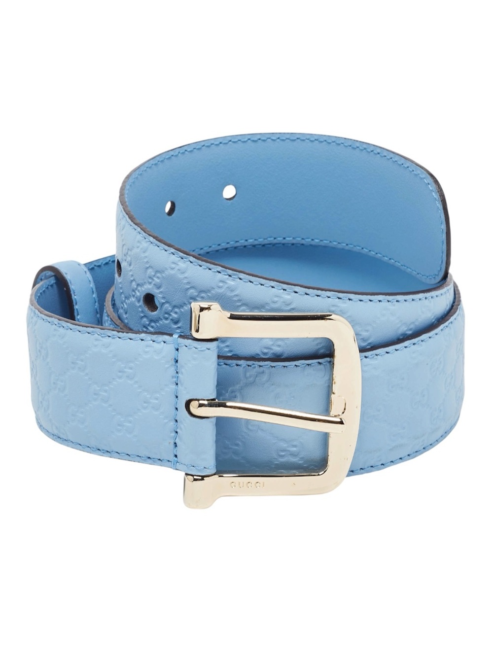 Gucci Sky Blue Embossed Leather Belt with Gold Buckle